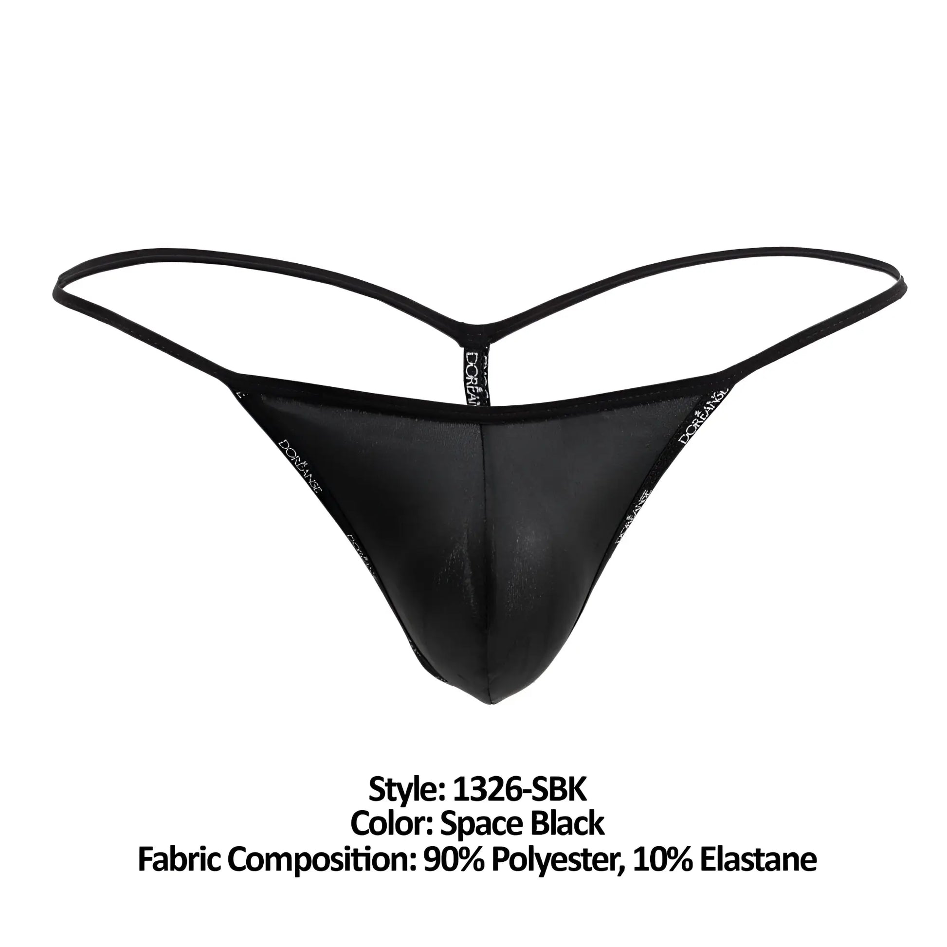 Doreanse 1326-sbk flashy g-string in space black with sleek glossy finish and thin elastic straps shown from the back
