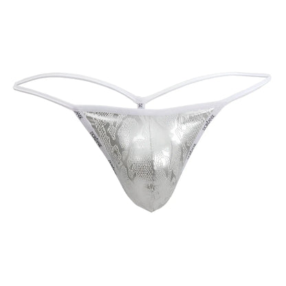 Silver metallic thong g-string with snakeskin pattern and white elastic straps by doreanse 1326-slv flashy snake