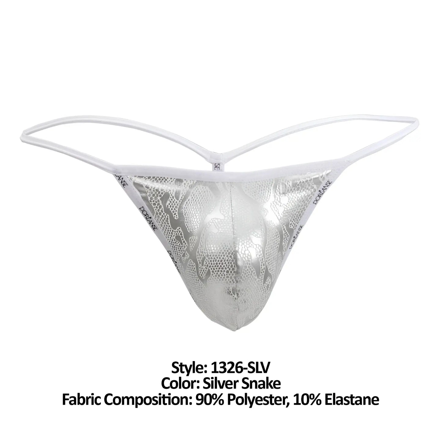 Silver snake-patterned thong with white elastic straps by doreanse model 1326-slv flashy g-string in silver color