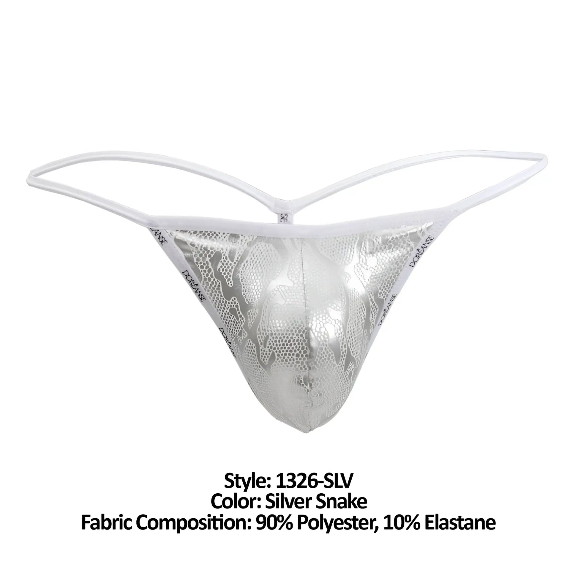 Silver snake-patterned thong with white elastic straps by doreanse model 1326-slv flashy g-string in silver color