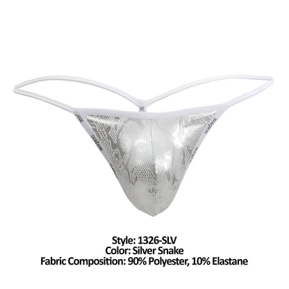 Silver snake-patterned thong with white elastic straps by doreanse model 1326-slv flashy g-string in silver color