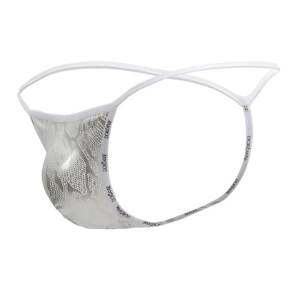 White lace thong with silver mesh pattern and silver snake design featuring branded elastic bands by doreanse