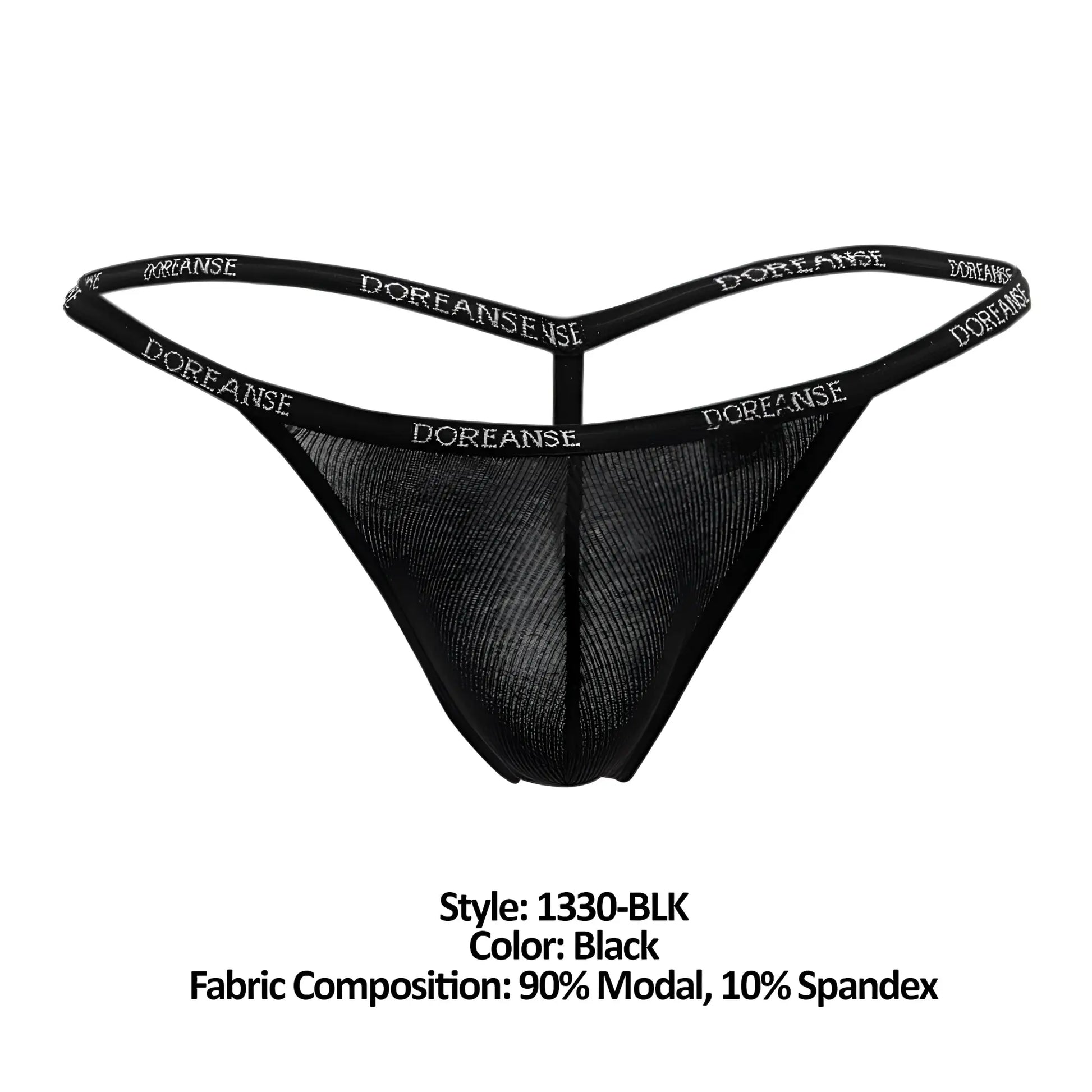 Black doreanse 1330-blk ribbed modal t-thong with mesh front and elastic waistband featuring white brand name