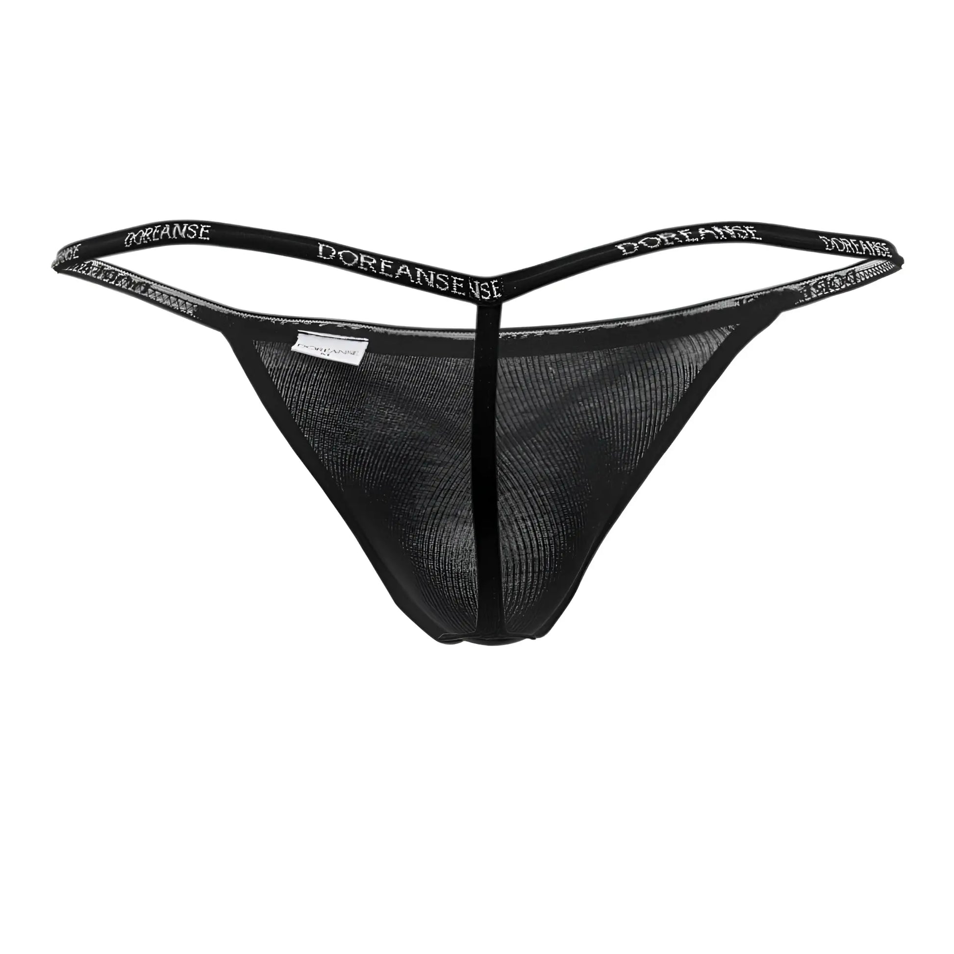 Black doreanse 1330-blk ribbed modal thong with mesh fabric and branded elastic waistband shown from the back