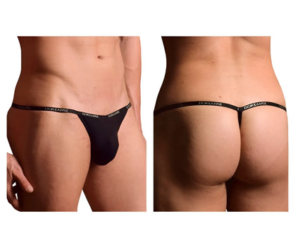 Black doreanse 1330-BLK ribbed modal thong with narrow waistband and white brand name lettering front view