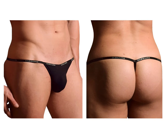 Black doreanse 1330-BLK ribbed modal thong with narrow waistband and white brand name lettering front view