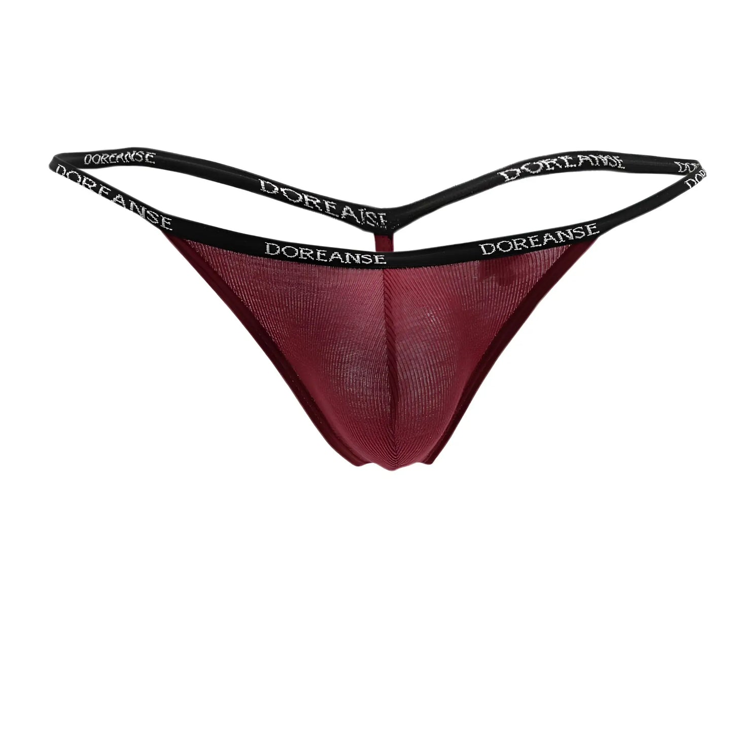 Maroon mesh thong with black elastic waistband and doreanse branding ribbed modal t thong in bordeaux color