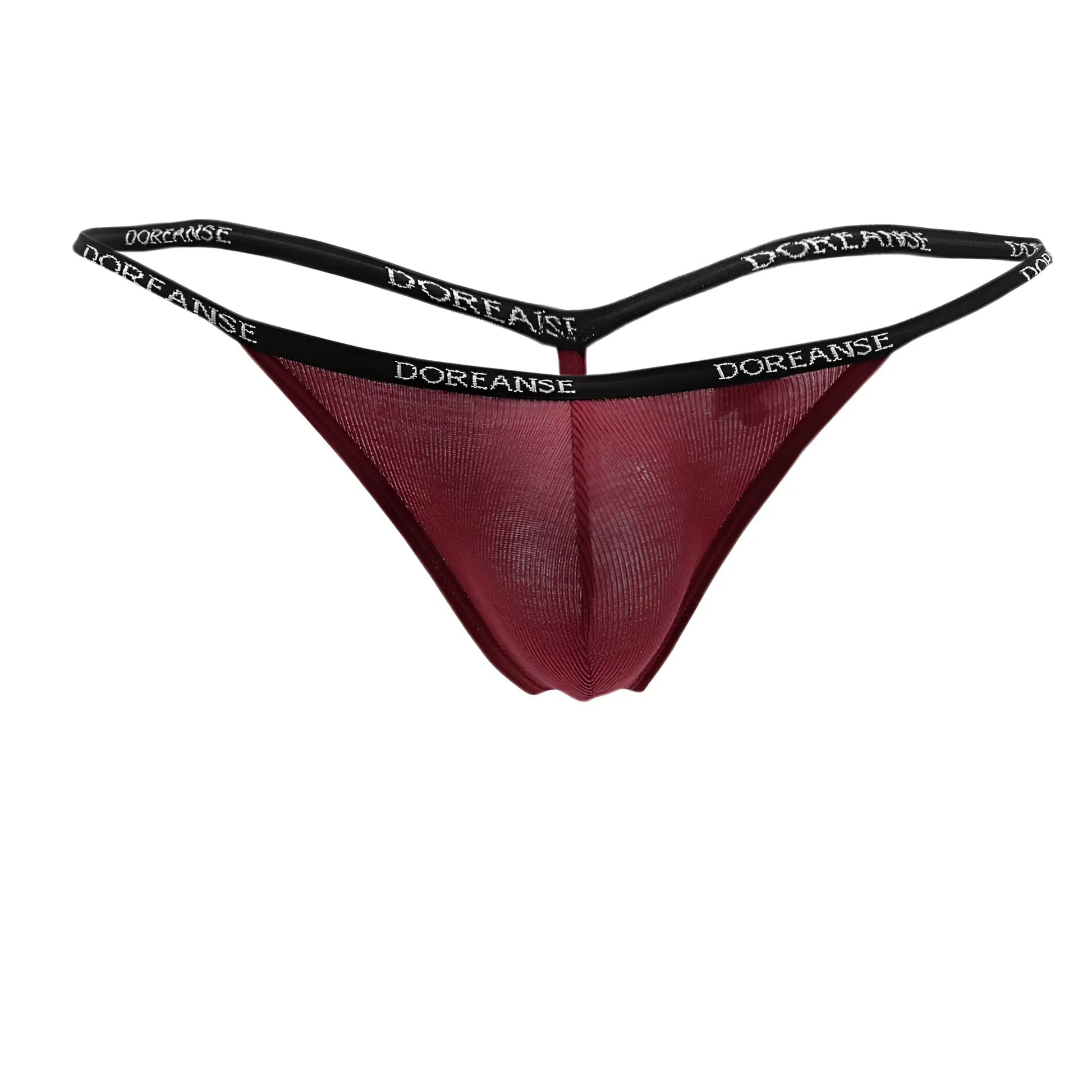 Maroon mesh thong with black elastic waistband and doreanse branding ribbed modal t thong in bordeaux color