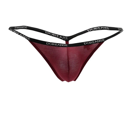 Maroon mesh thong with black elastic waistband and doreanse branding ribbed modal t thong in bordeaux color