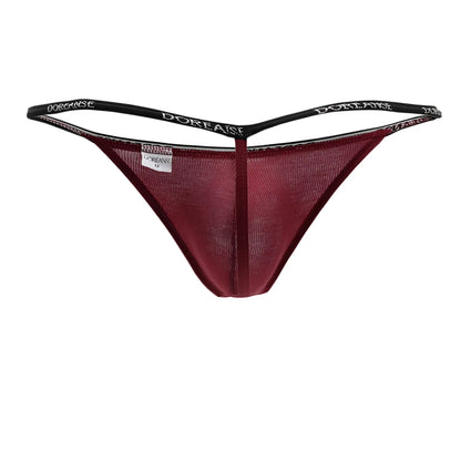 Maroon ribbed modal mesh thong with black elastic waistband featuring doreanse branding in front view