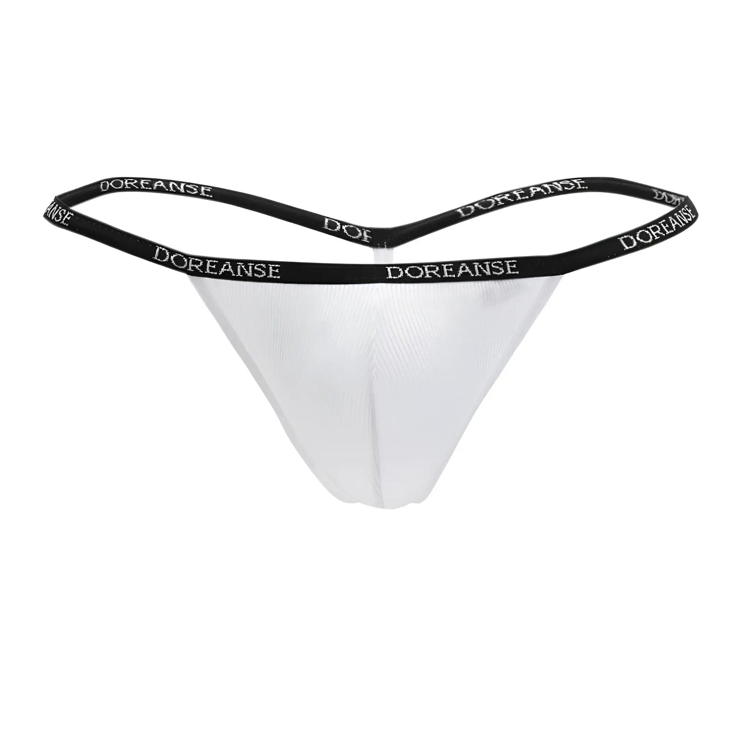 White doreanse 1330-wht ribbed modal t-thong with black elastic waistband featuring brand name in white lettering