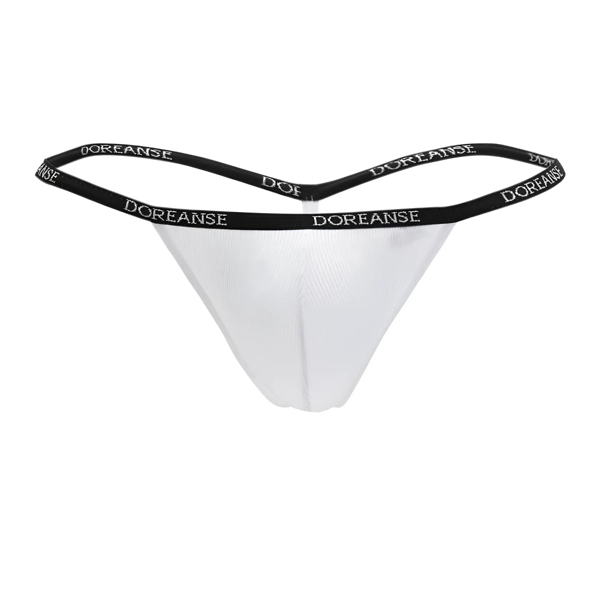 White doreanse 1330-wht ribbed modal t-thong with black elastic waistband featuring brand name in white lettering