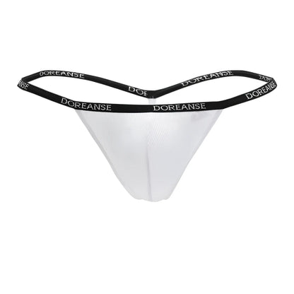White doreanse 1330-wht ribbed modal t-thong with black elastic waistband featuring brand name in white lettering