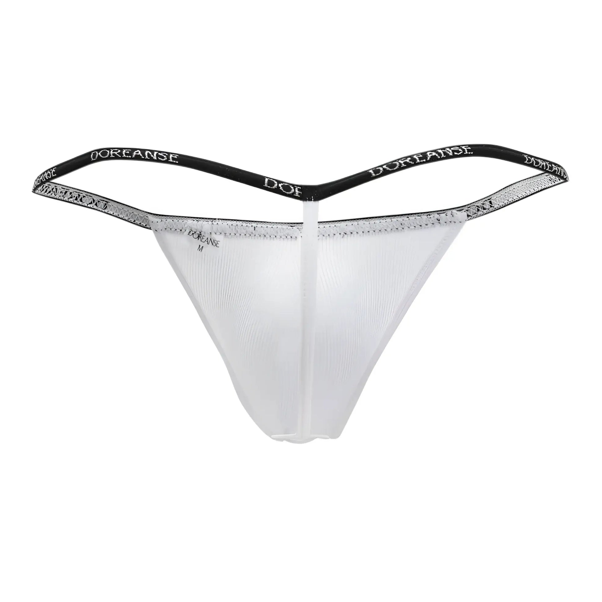 Transparent white Doreanse 1330-WHT ribbed modal T-thong with black elastic waistband and silver glitter trim