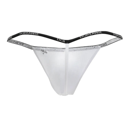Transparent white Doreanse 1330-WHT ribbed modal T-thong with black elastic waistband and silver glitter trim
