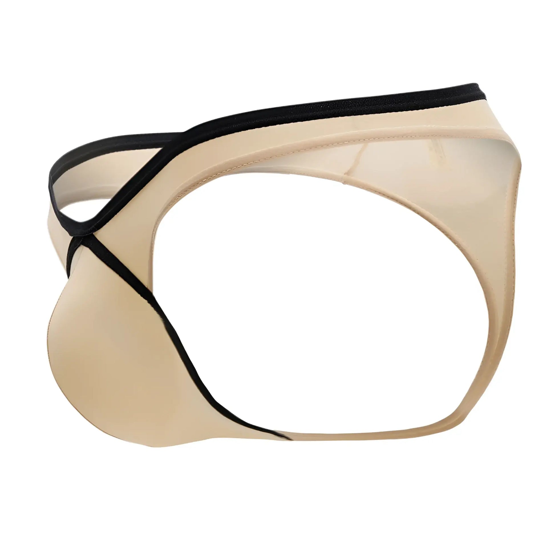 Doreanse 1332-tan loop thong in beige sheer mesh briefs with black trim showing the back side of the product