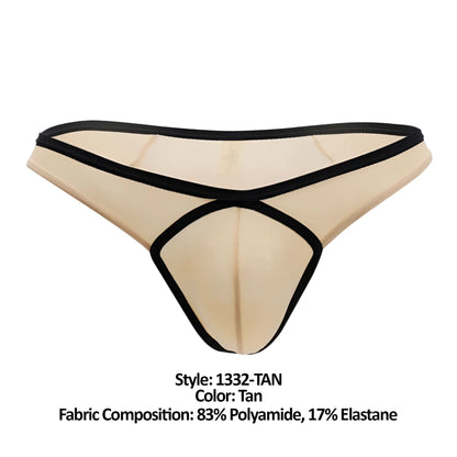 Doreanse 1332-tan loop thong in tan with black trim and crisscross design showing front side details