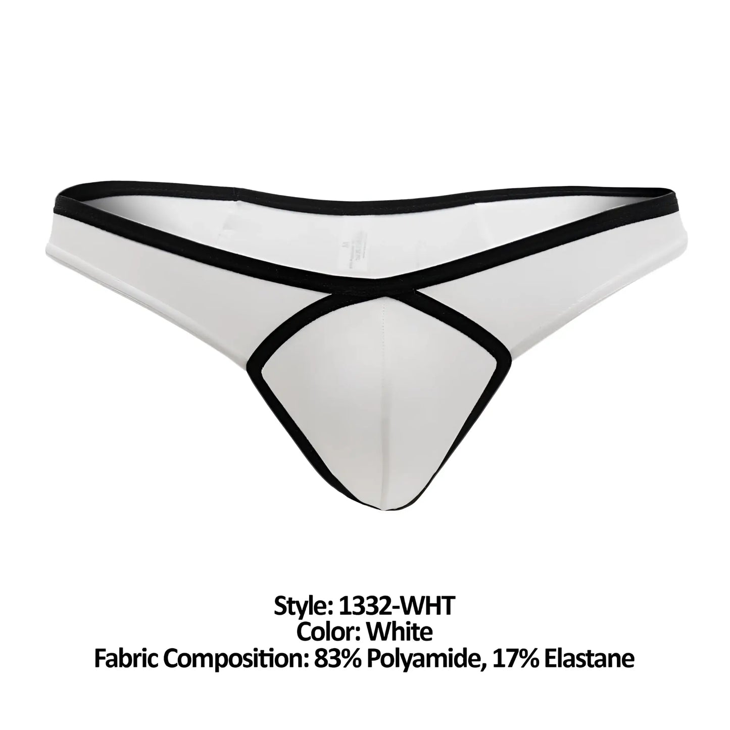 Doreanse 1332-WHT loop thong in white with black trim and crisscross design showing backside details
