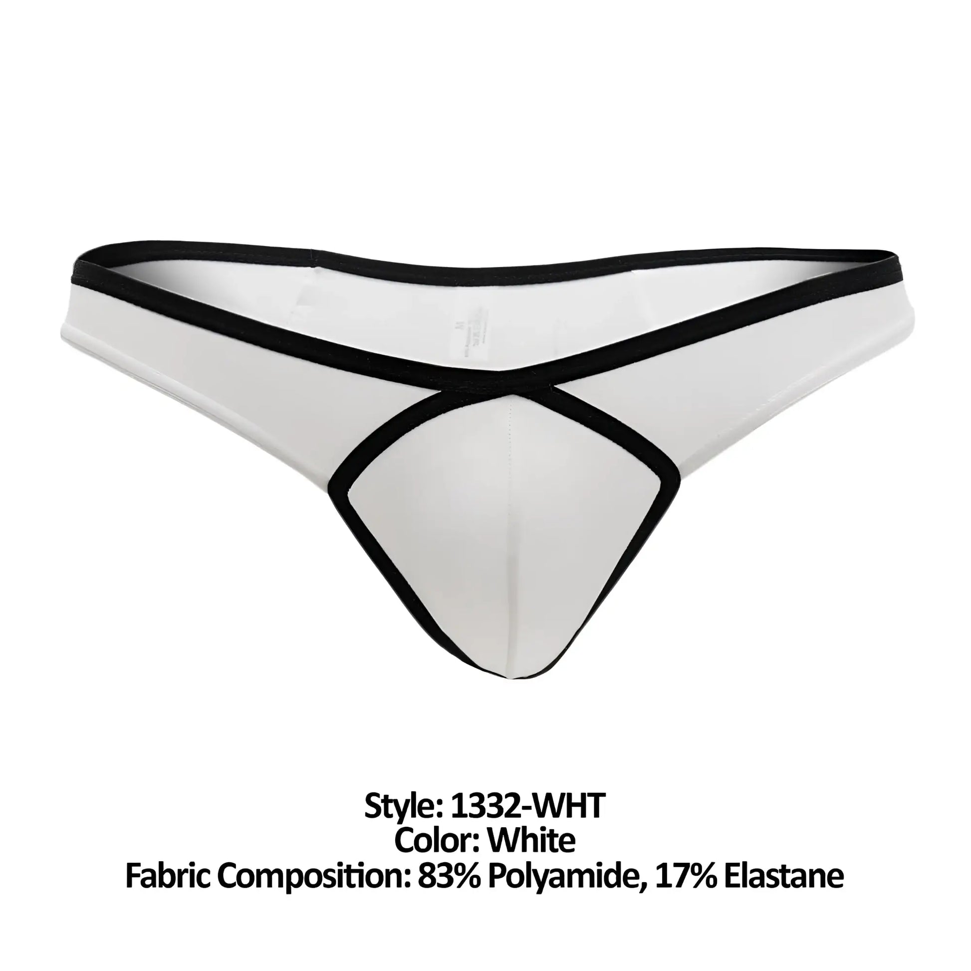 Doreanse 1332-WHT loop thong in white with black trim and crisscross design showing backside details