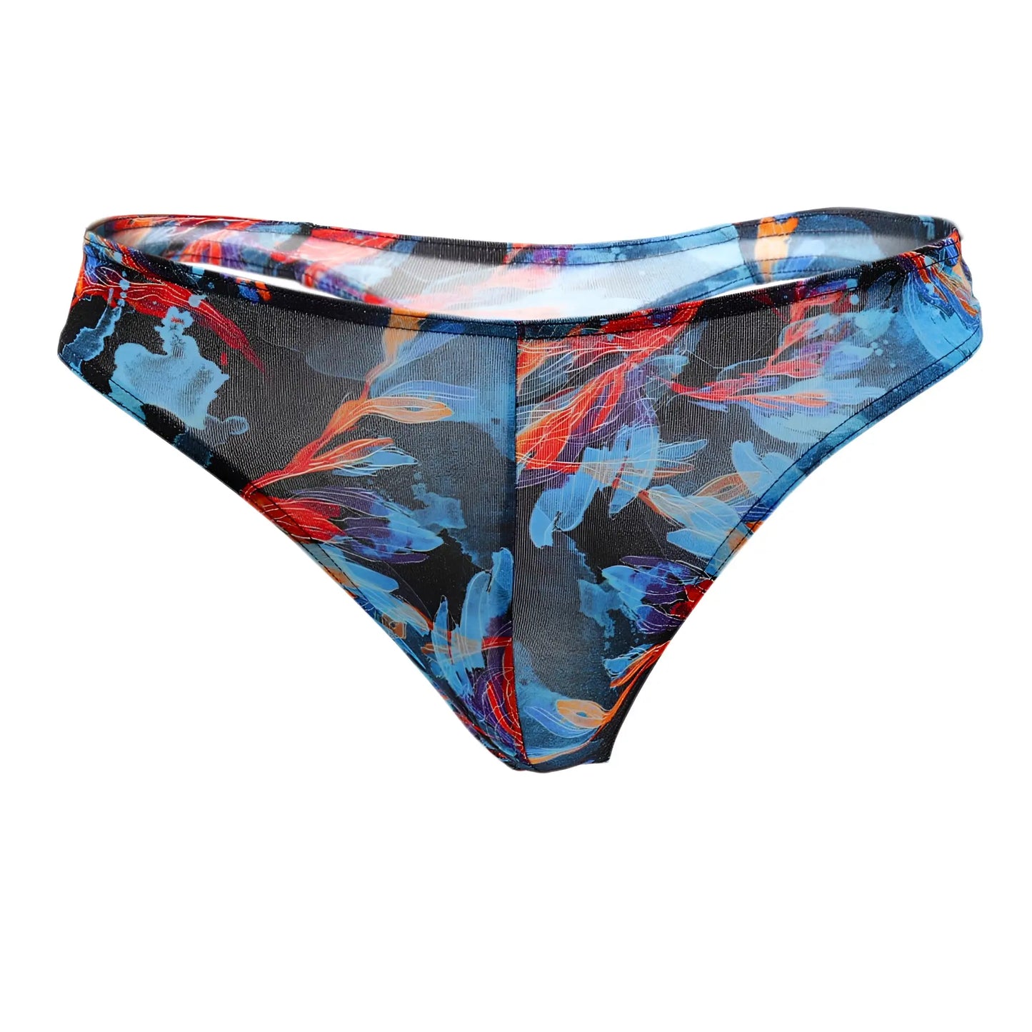 A sheer high-waisted Doreanse 1341-PRN deep sea thong with bold blue red abstract floral pattern on black fabric