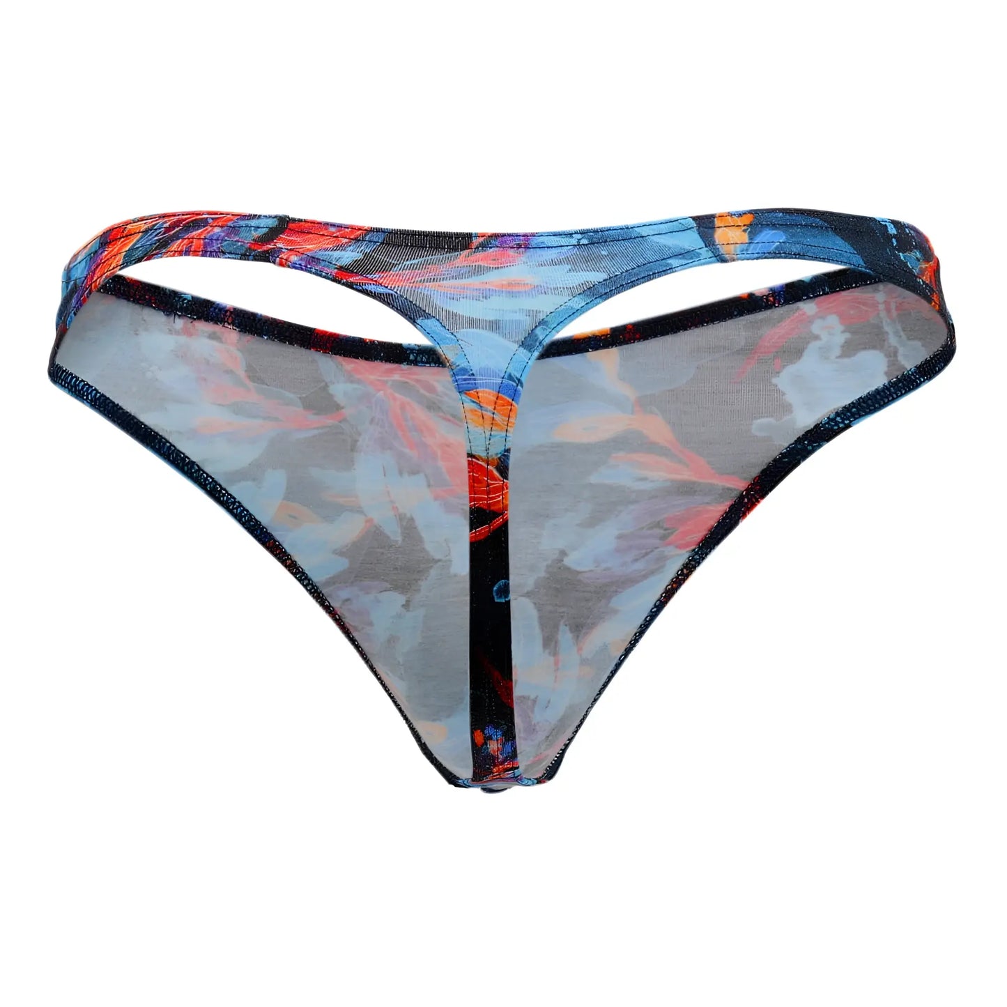 Sheer thong undergarment doreanse 1341-prn with vibrant blue orange red floral print on translucent mesh with black trim