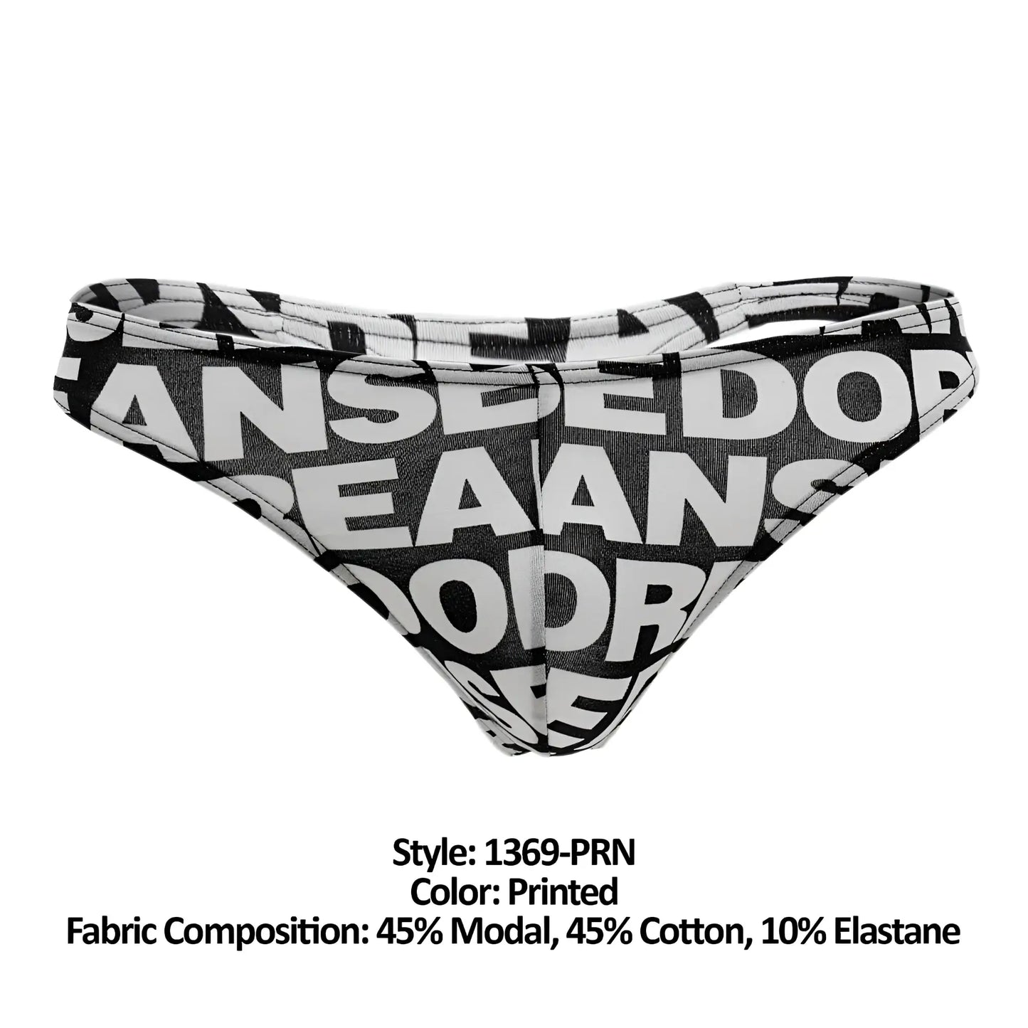 Doreanse 1369-prn big logo thong color printed black and white briefs with bold overlapping text design