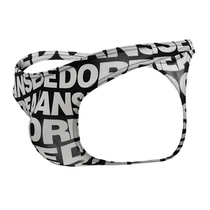 Black and white graphic-patterned men’s briefs with bold overlapping text design doreanse 1369-prn big logo thong color printed