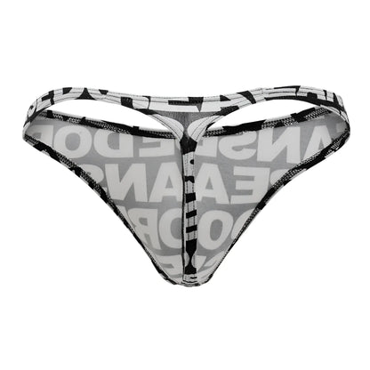 Black and white patterned Doreanse 1369-PRN big logo thong with bold mirrored text design front view