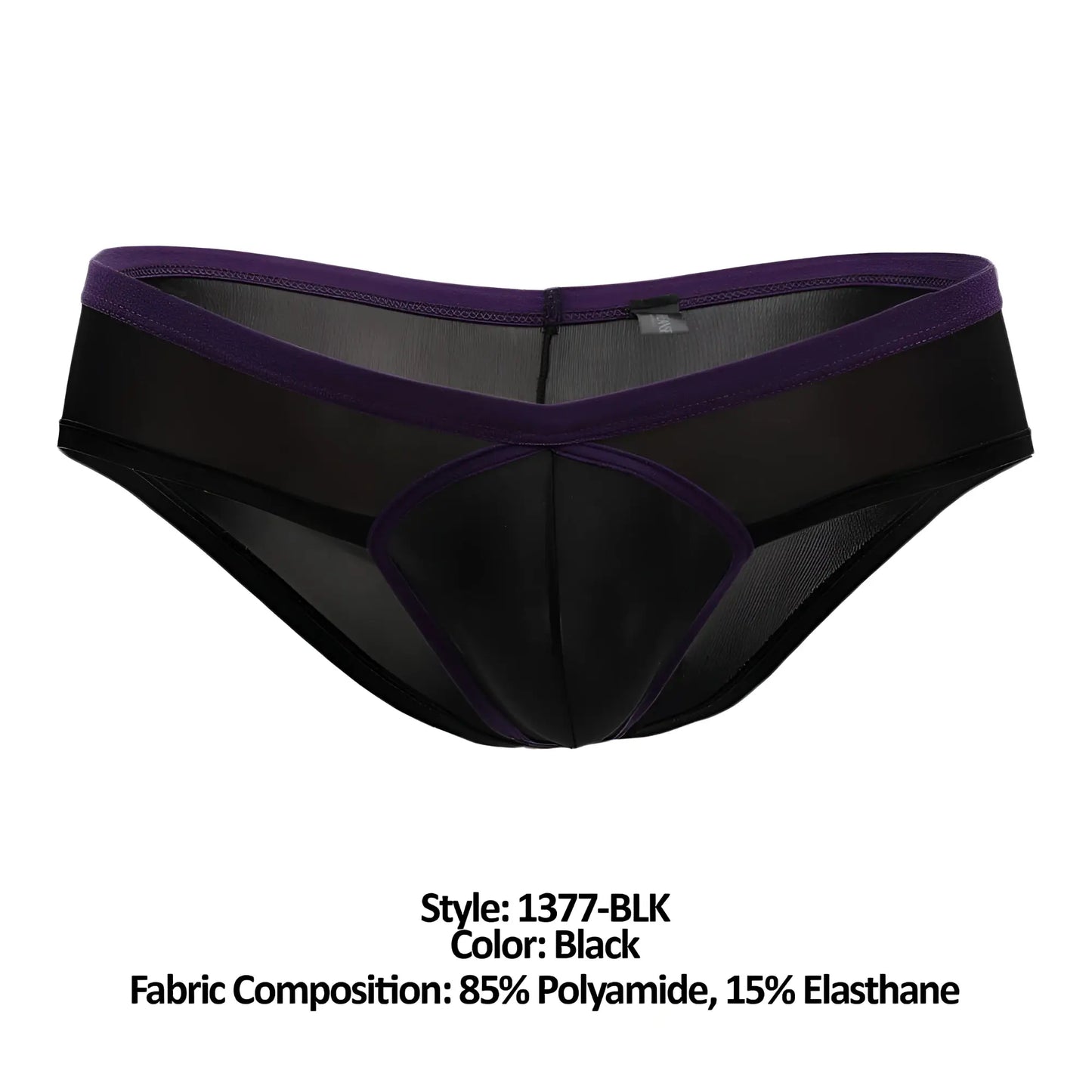Black sheer men’s underwear doreanse 1377-blk boost cheeky brief with purple waistband and reinforced paneling visible from back