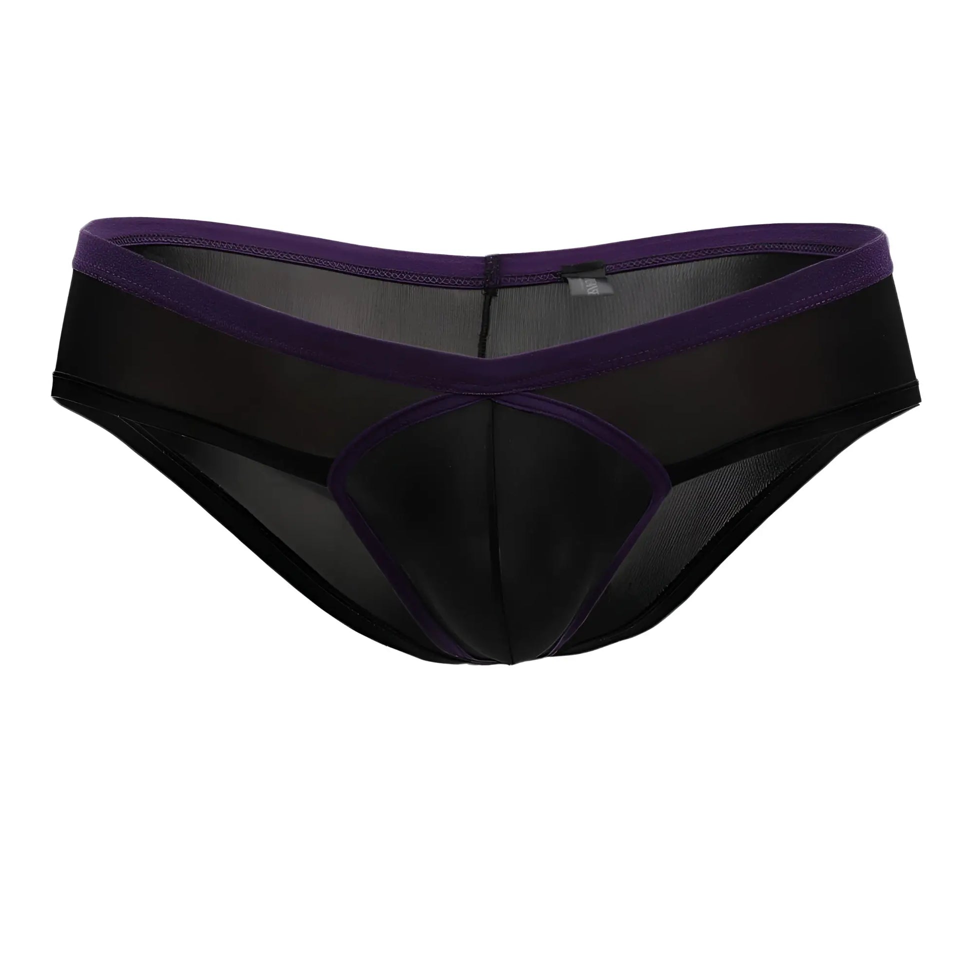 Doreanse 1377-BLK boost cheeky brief black sheer mesh briefs with solid purple waistband and trim front side view