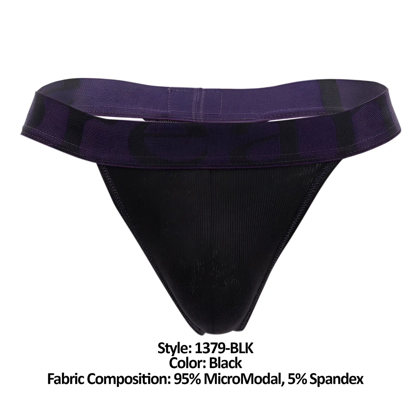 Black Doreanse 1379-BLK micromodal thong with purple elastic waistband and subtle black pattern shown from the back side