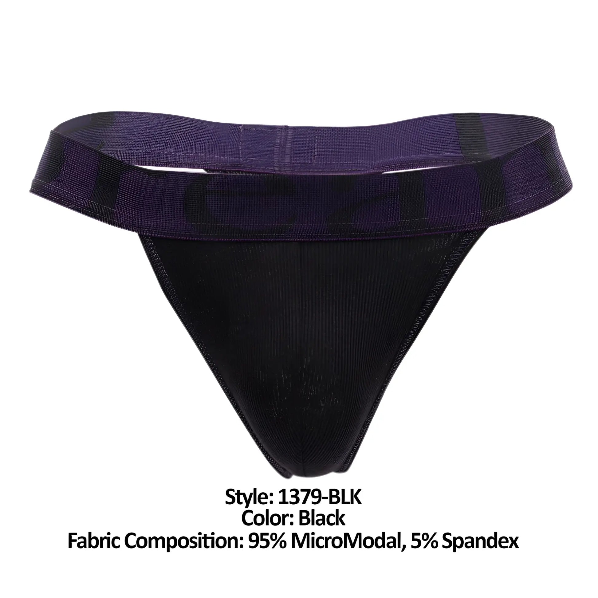 Black Doreanse 1379-BLK micromodal thong with purple elastic waistband and subtle black pattern shown from the back side