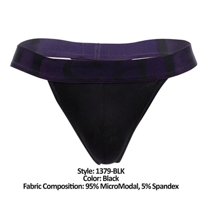 Black Doreanse 1379-BLK micromodal thong with purple elastic waistband and subtle black pattern shown from the back side