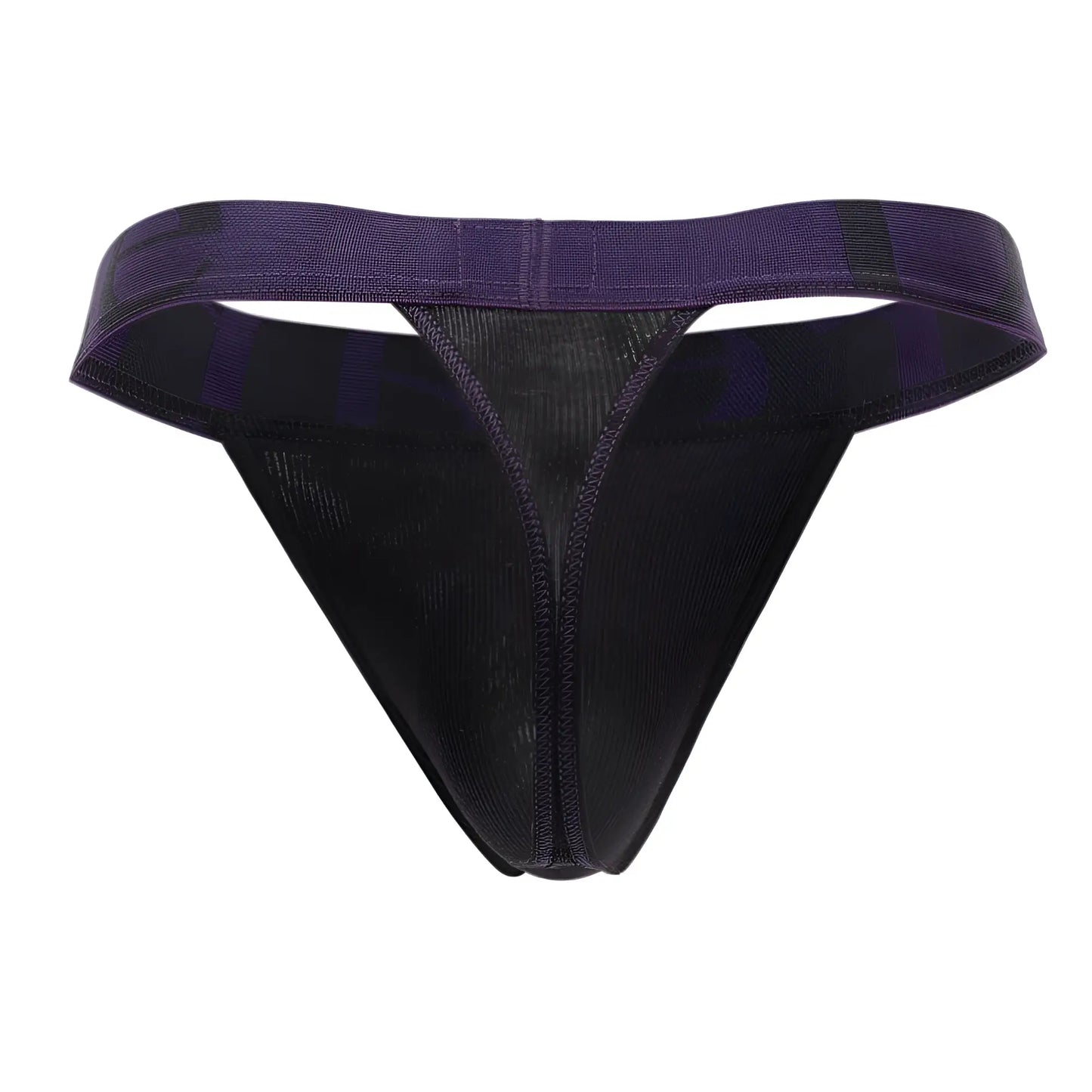 Doreanse 1379-BLK micromodal thong in black with purple mesh front panel and elastic waistband visible from front side