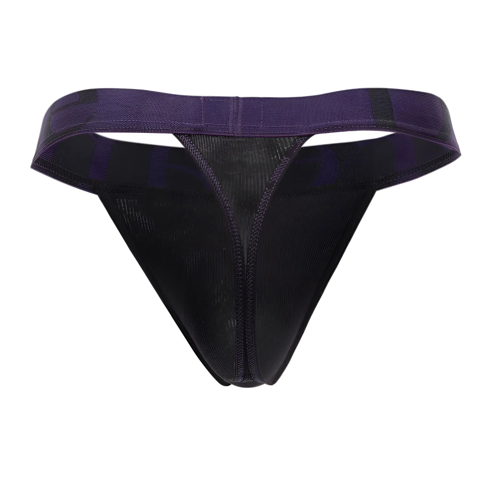 Doreanse 1379-BLK micromodal thong in black with purple mesh front panel and elastic waistband visible from front side