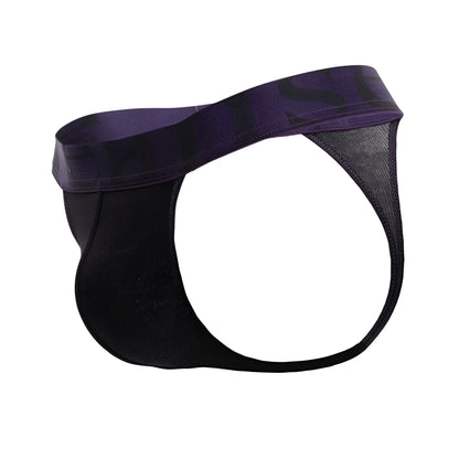 Doreanse 1379-BLK micromodal thong in black and purple mesh with solid purple waistband front view