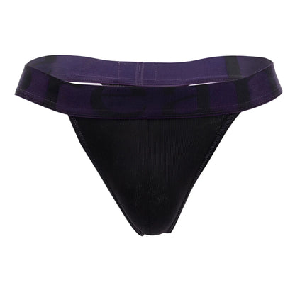 Black and purple doreanse 1379-blk micromodal thong with textured fabric and wide patterned waistband front view
