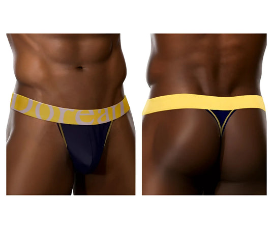 Navy blue micromodal thong with bright yellow waistband featuring doreanse branding in white letters