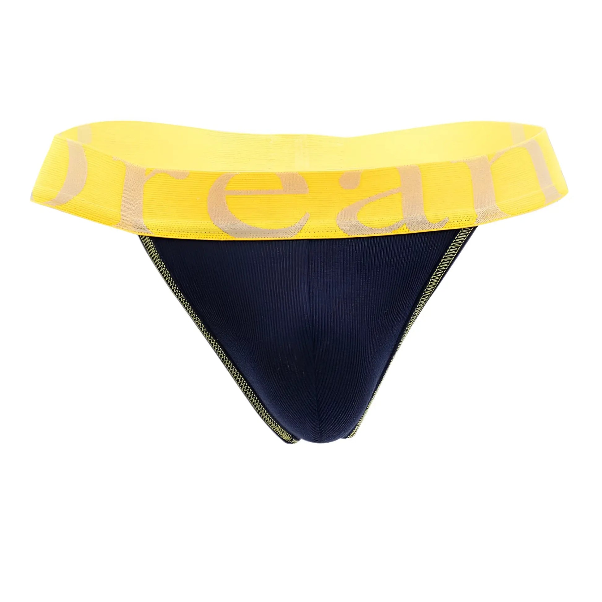 Doreanse 1379-NVY micromodal navy blue thong with bright yellow waistband and beige dream lettering visible from front