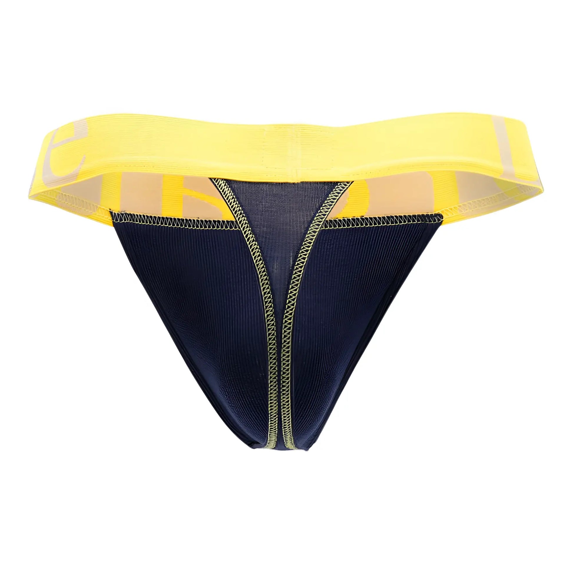 Doreanse 1379-nvy navy blue micromodal athletic thong with yellow accents and wide elastic waistband with gray logo