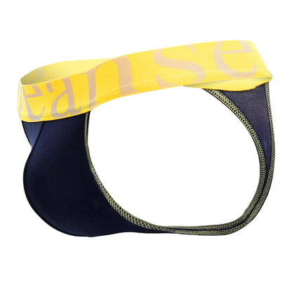 Navy blue and yellow doreanse 1379-nvy micromodal thong with bold eans logo on waistband front view