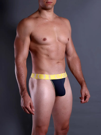 Doreanse 1379-NVY navy blue micromodal thong with bold yellow and navy contrasting waistband for athletic wear