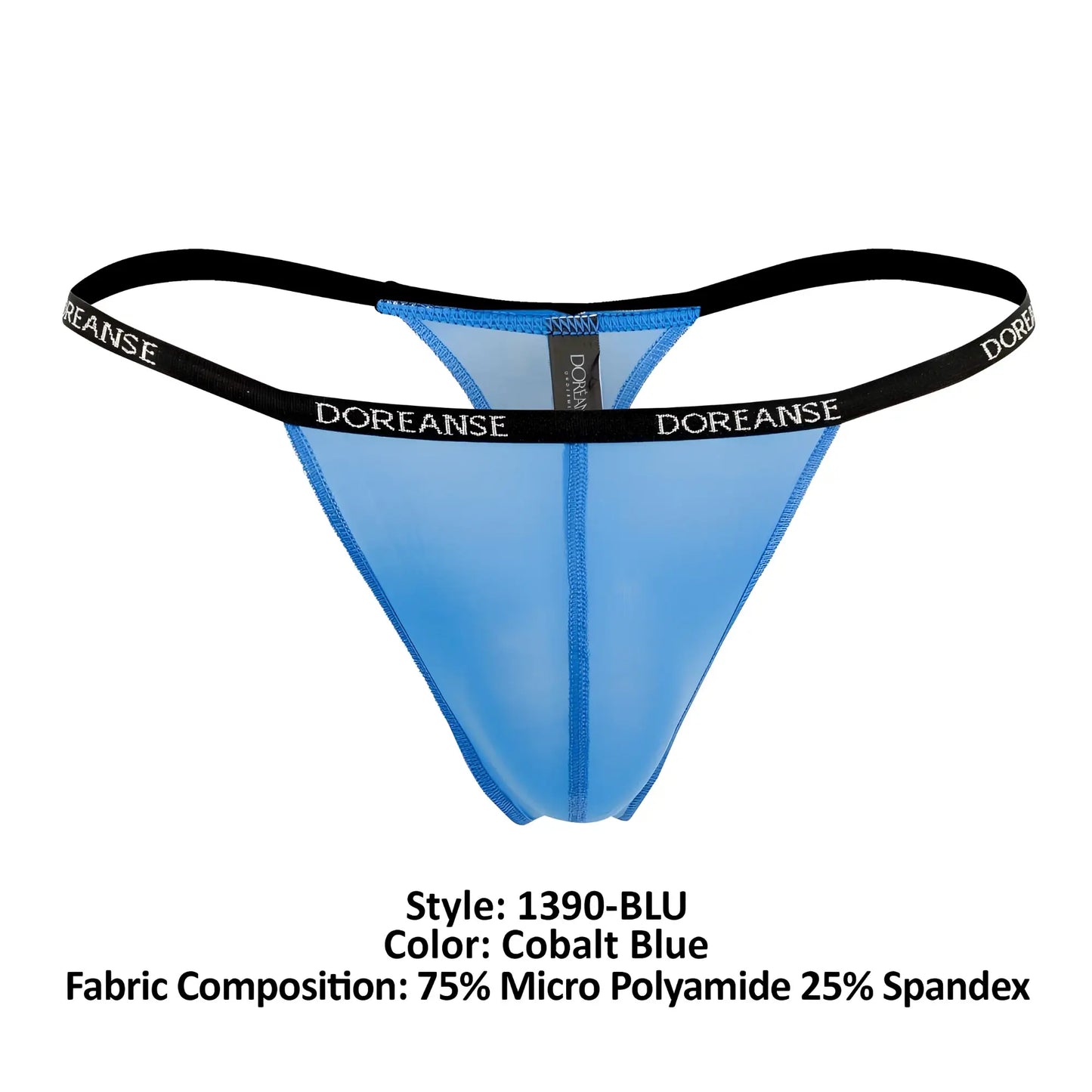 Cobalt blue doreanse 1390-BLU aire thong with black elastic waistband featuring doreanse branding in white lettering