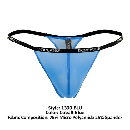 Cobalt blue doreanse 1390-BLU aire thong with black elastic waistband featuring doreanse branding in white lettering