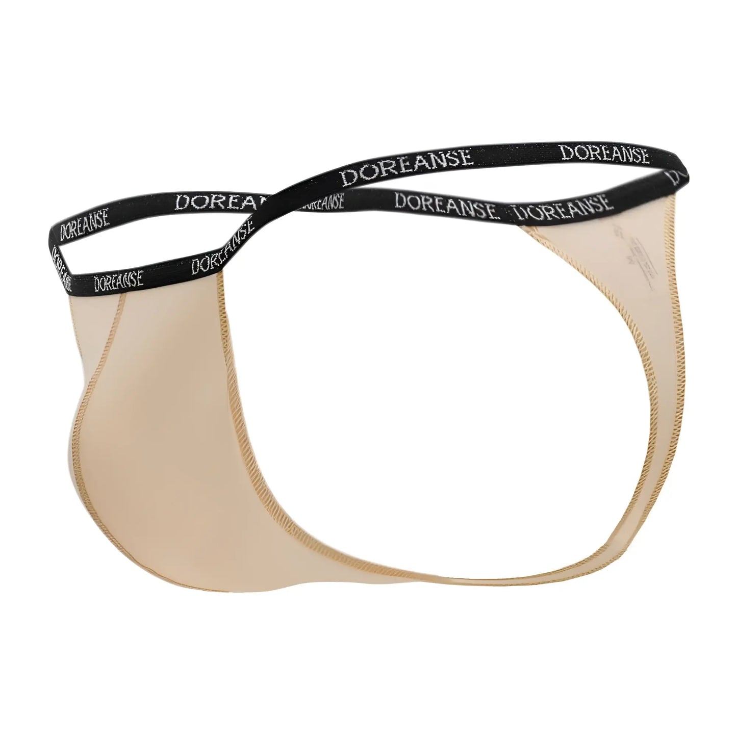 Beige Doreanse 1390-TAN Aire thong with black elastic waistband and white brand lettering front view