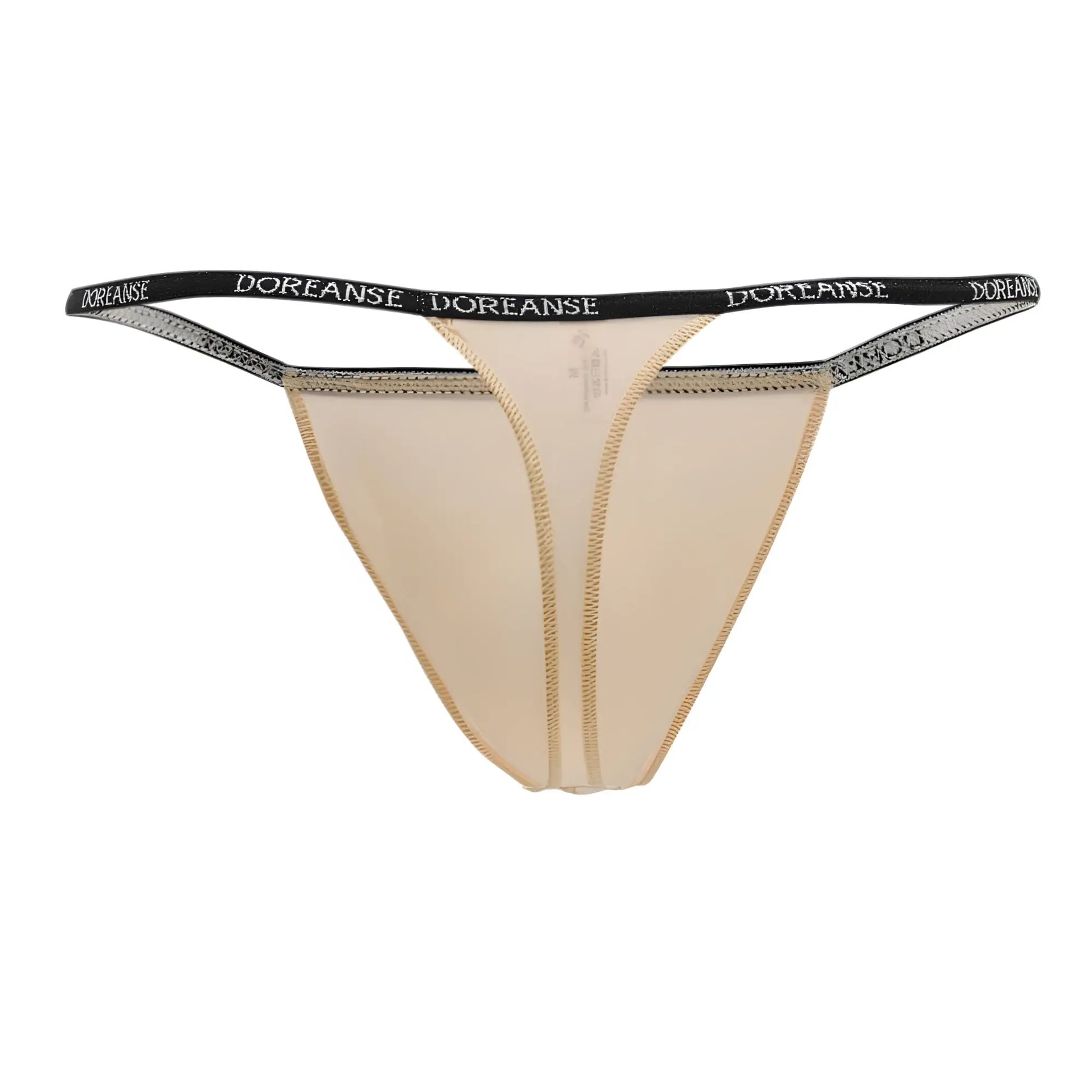 Beige doreanse 1390-tan aire thong with black elastic waistband featuring white brand name lettering in tan color