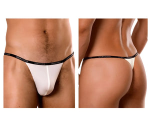 White doreanse 1390-WHT aire thong with black elastic waistband featuring repeating brand logo design