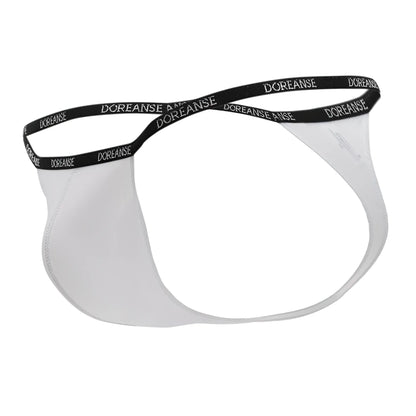 White doreanse 1390-WHT aire thong jockstrap with black elastic waistband featuring repeating doreanse text