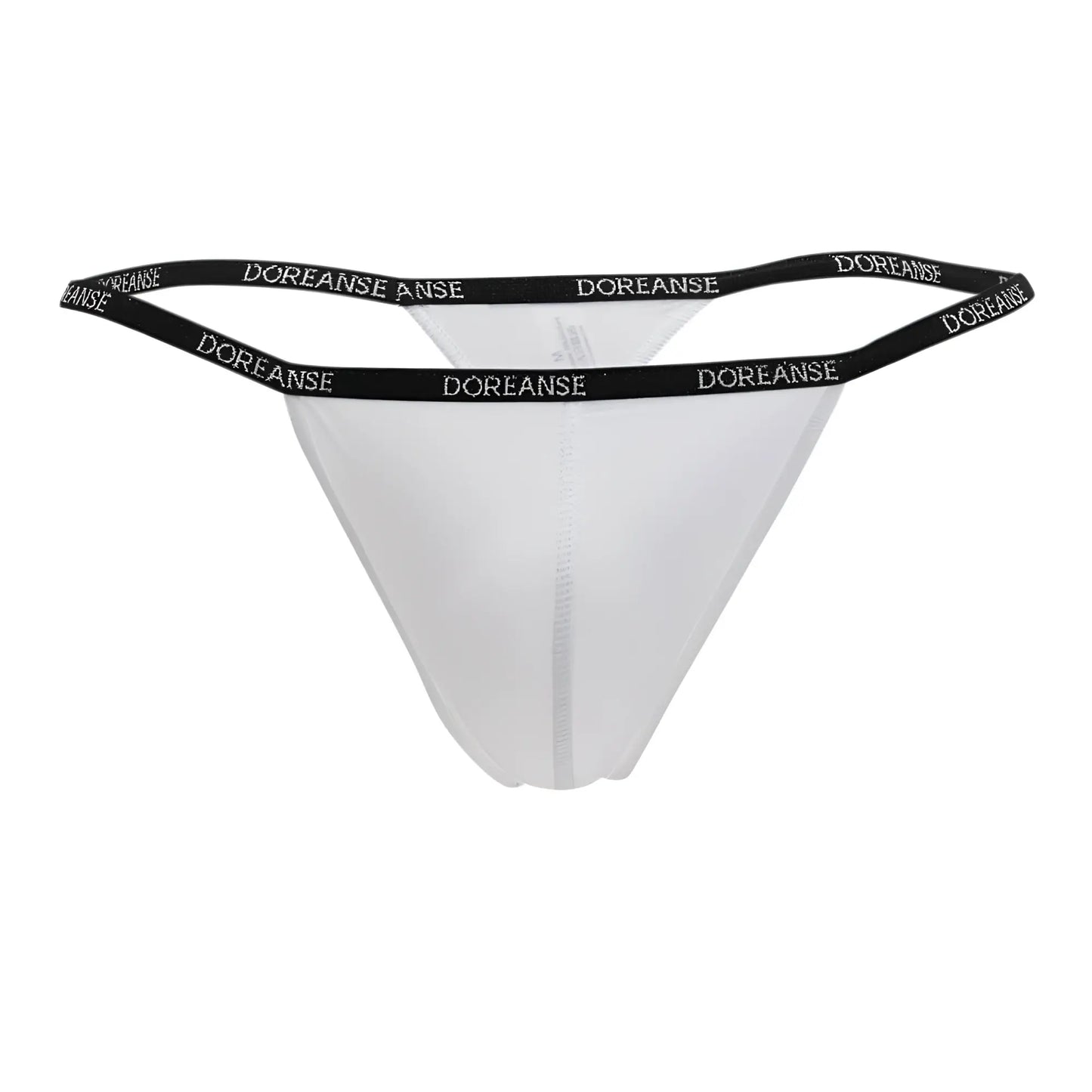White doreanse 1390-wht aire thong with black elastic waistband featuring doreanse branding in white lettering