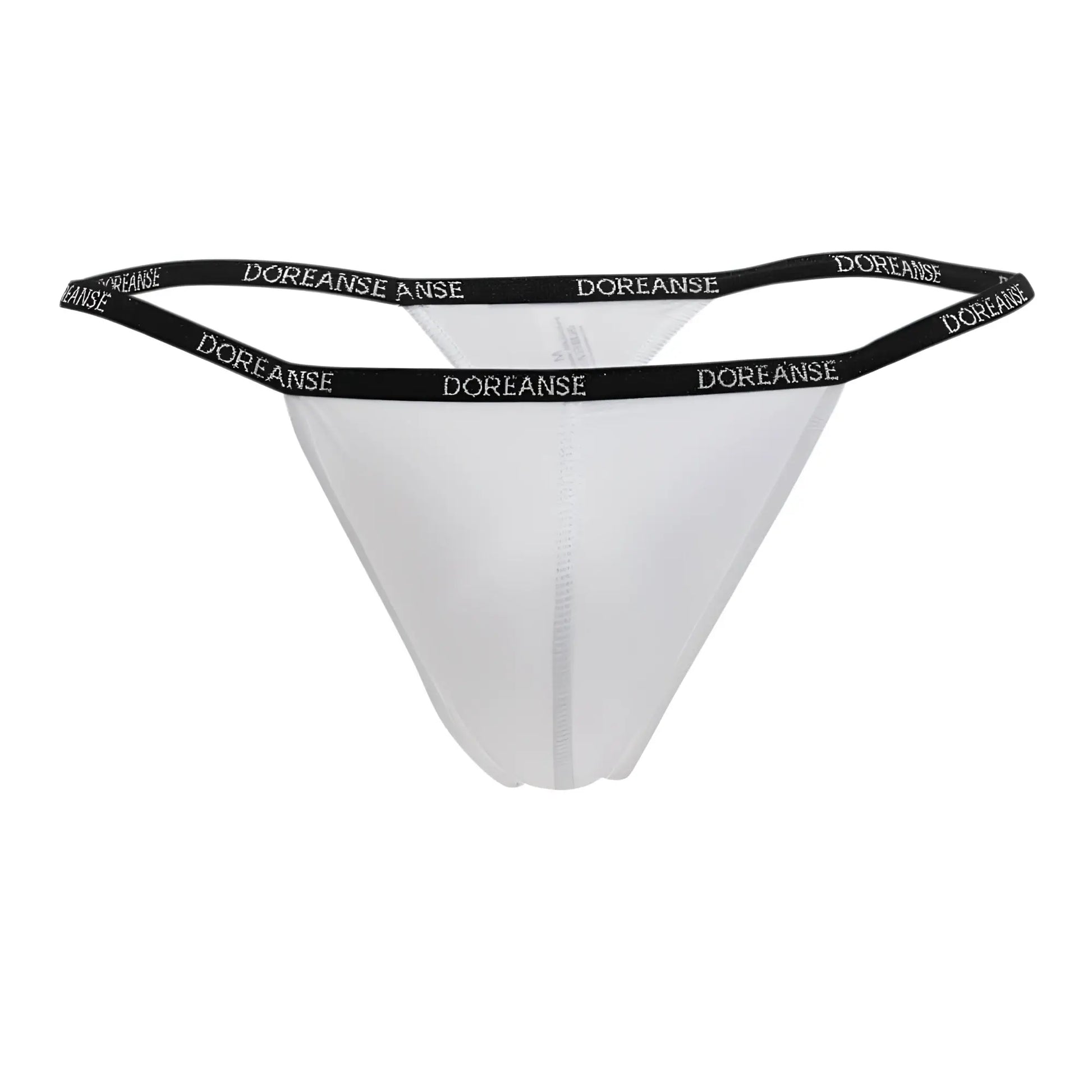White doreanse 1390-wht aire thong with black elastic waistband featuring doreanse branding in white lettering